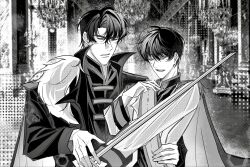  2boys collared_shirt column commentary curtained_hair feather_boa greyscale grin hand_on_another's_waist highres holding holding_sword holding_weapon indoors kim_dokja male_focus monochrome multiple_boys omniscient_reader's_viewpoint pillar popped_collar ricardo_von_kaizenix scenery schweichen_von_kaizenix screentones shirt short_hair smile sword untranslatable_commentary upper_body weapon yoo_joonghyuk yuyuuuu_owo 