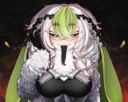  1girl absurdres antennae arthropod_girl black_leotard black_sclera black_tongue braid breasts colored_sclera commentary english_commentary fangs green_eyes green_hair hair_between_eyes highres insect_wings juniper_actias large_breasts leotard long_tongue looking_at_viewer monster_girl moth_antennae moth_girl moth_hair_ornament moth_wings sitraell skin_fangs tongue tongue_out twin_braids virtual_youtuber white_hair wings 