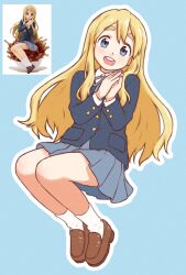  1girl absurdres beachepisode blazer blonde_hair blue_background blue_eyes blue_skirt bow bowtie brown_shoes buttons colored_eyebrows figure figure-referenced full_body highres invisible_chair jacket k-on! kotobuki_tsumugi long_hair looking_at_viewer own_hands_together pleated_skirt sakuragaoka_high_school_uniform school_uniform shoes sitting skirt smile socks teeth thick_eyebrows upper_teeth_only white_socks 