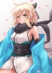  1girl ahoge bangs black_bow black_legwear black_scarf bow breasts chromatic_aberration fate/grand_order fate_(series) hair_between_eyes hair_bow haori highres japanese_clothes kimono koha-ace medium_breasts obi okita_souji_(fate) okita_souji_(fate)_(all) okita_souji_(koha/ace) platinum_blonde_hair ribbon sash scarf sheath short_hair short_kimono simple_background sin_seishun solo thigh-highs white_kimono white_ribbon yellow_background yellow_eyes zettai_ryouiki 