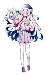  1girl absurdres black_hairband bouquet bow bowtie brown_shoes buttons camera commentary double-breasted electronduck english_commentary firefly_(honkai:_star_rail) firefly_(spring_missive)_(honkai:_star_rail) full_body gradient_hair green_bow green_bowtie green_hair grey_sailor_collar grey_skirt hairband hat highres holding holding_bouquet holding_camera honkai:_star_rail honkai_(series) loafers long_sleeves mortarboard multicolored_hair official_alternate_costume one_eye_closed open_mouth plaid_bow plaid_bowtie plaid_clothes plaid_skirt pleated_skirt sailor_collar shirt shoes skirt solo standing thigh-highs two-tone_hair white_shirt white_thighhighs zettai_ryouiki 