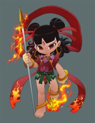  1boy anklet apron belt black_hair bleedman bracelet child chinese_mythology commentary earrings english_commentary facial_mark fire flame_print forehead_mark gold_earrings gold_ring green_belt grey_background hair_bun highres jewelry looking_at_viewer male_focus nezha_(mythology) nezha_nao_hai no_pants polearm red_apron red_eyes red_ribbon red_sash ribbon sash spear walking weapon 