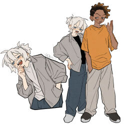  1boy 2girls ahoge baggy_pants black_shoes blue_eyes blush brown_hair commentary_request cowboy_shot dark-skinned_male dark_skin dreadlocks exxska_1 full_body hand_in_pocket hand_on_another's_shoulder hand_on_own_chin hand_on_own_hip highres jett_(valorant) korean_commentary leaning_to_the_side long_hair multiple_girls naughty_face orange_shirt pants phoenix_(valorant) shirt shoes sleeves_rolled_up smug sweatdrop tying_hair valorant white_background white_hair 