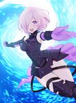  1girl armor bare_shoulders black_armor black_gloves breastplate closed_mouth clouds cloudy_sky commentary_request elbow_gloves eyebrows_visible_through_hair eyes_visible_through_hair fate/grand_order fate_(series) gloves grass hair_over_one_eye highres holding holding_shield holding_weapon light_purple_hair looking_at_viewer mash_kyrielight mountain out_of_frame outdoors pov purple_gloves shield shielder_(fate/grand_order) short_hair siraumeayaya sky smile two-tone_gloves violet_eyes weapon 
