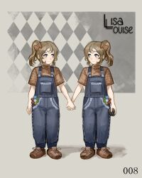  2girls argyle_background blue_eyes blue_overalls brown_hair brown_shoes character_name character_signature closed_mouth fragrance_(freakyduck9000) grey_background highres holding holding_hands holding_stuffed_toy looking_at_another looking_to_the_side mirror_twins multiple_girls orange_shirt overalls reverse:1999 shirt shoes short_sleeves siblings side_ponytail sisters smile standing stuffed_toy twins twins_sleep 