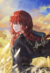  1girl absurdres black_cloak blue_sky braid butterfly_brooch chinese_commentary cloak closed_mouth clouds cloudy_sky commentary_request expressionless fata_morgana_no_yakata floating_clothes floating_hair from_side hair_between_eyes highres hood hooded_cloak jiangzaihhh long_hair long_sleeves looking_at_viewer looking_back morgana_(fata_morgana_no_yakata) outdoors painterly red_hair sidelocks sky solo sunset transparent_butterfly twin_braids upper_body wheat wheat_field yellow_eyes 