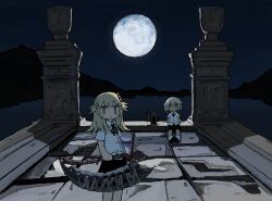  2girls absurdres beasthunter_saif black_skirt bloodborne flamesprayer full_moon game-bu_(manga) grey_eyes hair_ornament highres holding holding_weapon horizon jitome long_hair looking_at_viewer lspark moon multiple_girls neck_ribbon night okano_yukina omotebayashi_tatakaubeshi outdoors ribbon saw saw_cleaver shirt shoes short_hair short_sleeves sitting skirt smile socks standing weapon white_shirt 