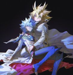  2boys alien_888 antenna_hair armor belt_pouch black_background black_pants blonde_hair blue_armor blue_hair coat death expressionless facial_mark facing_another faulds gem greaves green_eyes green_gem hair_between_eyes hair_over_eyes hand_on_another's_hip hand_on_another's_shoulder hand_on_ground hand_on_own_stomach highres kneeling kuaidul_velgear long_sleeves looking_ahead male_focus multiple_boys on_ground pants pouch red_gem scabbard sheath sheathed shirt shoulder_pads sleeves_past_wrists spiky_hair sword turning_head unconscious untucked_shirt weapon white_coat white_pants yu-gi-oh! yu-gi-oh!_go_rush!! yudias_velgear 