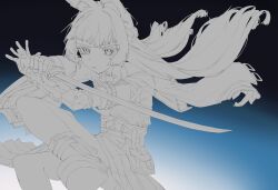  1girl absurdres animal_ear_fluff animal_ears blunt_bangs boots closed_mouth fingerless_gloves fire fox_ears fox_girl gauntlets gloves han_fridge high_heel_boots high_heels highres holding holding_sword holding_weapon hoshimi_miyabi jacket katana long_hair looking_at_viewer monochrome necktie pantyhose shirt sidelocks single_fingerless_glove single_gauntlet skirt solo sword unfinished weapon zenless_zone_zero 