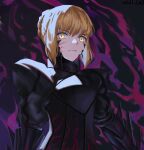  1girl absurdres artoria_pendragon_(fate) bangs bird_ran black_dress black_ribbon blonde_hair braid closed_mouth commentary_request dark_excalibur dress excalibur_morgan_(fate) fate/grand_order fate/stay_night fate_(series) french_braid from_below gothic_lolita hair_bun highres holding holding_sword holding_weapon juliet_sleeves lolita_fashion long_sleeves looking_at_viewer puffy_sleeves ribbon saber_alter sidelocks sword weapon yellow_eyes 