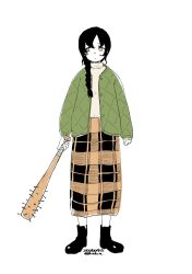  1girl baseball_bat black_hair braid dated full_body green_jacket hair_over_shoulder halca_(technodrome) highres jacket kantai_collection long_hair long_skirt nail_(hardware) nail_bat orange_eyes orange_skirt plaid_clothes plaid_skirt sideways_glance single_braid skirt solo souya_(kancolle) souya_(lawson)_(kancolle) standing sweater twitter_username white_sweater 