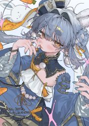  1girl 87gi :3 animal animal_ear_fluff animal_ears bare_shoulders blue_background blue_dress blue_hair blue_nails blue_sleeves blush braid braided_bun carrot character_name chinese_clothes closed_mouth commentary_request cowboy_shot detached_collar detached_sleeves don-chan_(usada_pekora) double-parted_bangs double_bun dress earrings extra_ears flat_chest frilled_dress frills ghost gold_trim gradient_background hair_between_eyes hair_bun hair_intakes hand_on_own_cheek hand_on_own_face hat highres hikimayu hololive jewelry jiangshi_costume lips long_eyelashes long_hair long_sidelocks long_sleeves looking_at_viewer loose_hair_strand mandarin_collar multicolored_hair nail_polish official_alternate_costume official_alternate_hairstyle ofuda orange_eyes pom_pom_(clothes) pom_pom_earrings qingdai_guanmao rabbit rabbit_ears rabbit_girl red_lips ring short_dress short_eyebrows side_up_bun sidelocks signature simple_background sitting sleeveless sleeveless_dress solo_focus sparkle strapless strapless_dress swept_bangs thick_eyebrows twitter_username two-tone_hair usada_pekora usada_pekora_(jiangshi) virtual_youtuber white_background white_hair wristband 