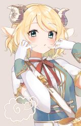  1girl adjusting_hair animal_ears blonde_hair blue_eyes blue_vest blush commentary_request elbow_gloves gloves grey_background hands_up highres horns kagamine_rin kemonomimi_mode looking_at_viewer mani_(manidrawings) medium_hair motion_lines parted_bangs parted_lips project_sekai sheep sheep_ears sheep_girl sheep_horns shirt short_sleeves sidelocks simple_background solo upper_body vest vocaloid white_gloves white_shirt wrist_cuffs 