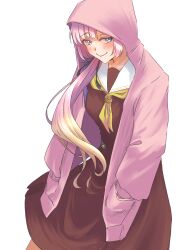  1girl absurdres anyoji_hime black_ribbon blonde_hair blush brown_dress closed_mouth commentary cowboy_shot dress gradient_hair green_eyes hair_ribbon hands_in_pockets hasu_no_sora_school_uniform highres hood hood_up hooded_jacket jacket link!_like!_love_live! long_hair long_sleeves looking_at_viewer love_live! medium_dress multicolored_hair neckerchief open_clothes open_jacket pink_hair pink_jacket pleated_dress ponytail ribbon sailor_collar sailor_dress school_uniform simple_background smile solo uduki_fuji very_long_hair virtual_youtuber white_background white_sailor_collar winter_uniform yellow_neckerchief 