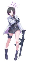  1girl absurdres armband assault_rifle belt belt_pouch black_hair black_skirt black_vest blue_archive blue_armband boots breasts collared_shirt commentary full_body gloves gradient_hair grin gun h&amp;k_hk33 halo handgun harmonica hex_(hexadomira) highres holding holding_instrument holster holstered instrument jacket large_breasts looking_at_viewer magazine_(weapon) miniskirt mole mole_on_neck multicolored_hair necktie parted_lips pouch purple_boots purple_gloves purple_hair purple_halo purple_necktie purple_shirt rifle shirt sig_p220/p226 simple_background skirt smile standing subaru_(blue_archive) thigh_holster two-tone_hair vest violet_eyes weapon white_background white_jacket 