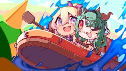  2girls animal_ears bell black_sclera blonde_hair boat brown_coat chibi coat colored_sclera cow_ears cow_girl cow_horns cowbell crelly dark-skinned_female dark_skin green_hair grey_sclera heterochromia highres horns indie_virtual_youtuber koko_d._nuts mats_kuro mismatched_sclera monkey_ears monkey_girl multicolored_hair multiple_girls oar open_mouth pink_hair red_eyes virtual_youtuber water watercraft 