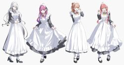  4girls :d ahoge apron arm_behind_back asymmetrical_bangs black_dress black_ribbon black_shoes blue_eyes bow braid closed_mouth clothes_lift collar collared_dress commentary_request curtsey diamond-shaped_earrings diamond_hair_ornament double-parted_bangs dress ear_piercing earrings enmaided fang frilled_apron frills full_body gradient_hair green_eyes grey_hair grey_ribbon group_picture hair_behind_ear hair_between_eyes hair_bow hair_bun hair_ornament hair_over_one_eye hair_ribbon hairclip hand_up heart heart_hair_ornament highres holding_own_skirt igarashi_rika interlocked_fingers jewelry kuramochi_meruto lace-trimmed_apron lace_trim light_smile lineup long_dress long_hair long_sleeves looking_at_viewer maid maid_apron maid_headdress mary_janes mole mole_under_mouth multicolored_hair multiple_girls neck_ribbon nijisanji open_mouth orange_hair orange_ribbon parallel_hairclips piercing pink_hair pink_nails pink_ribbon playing_with_own_hair puffy_long_sleeves puffy_sleeves purple_hair ribbon shishido_akari shoes side-by-side side_braid simple_background single_claw_pose single_side_bun skin_fang skirt skirt_lift smile socks sophia_valentine standing streaked_hair twin_braids two-tone_hair very_long_hair virtual_youtuber wavy_hair white_apron white_background white_bow white_collar white_socks white_streaks x_hair_ornament yellow_ribbon yuki_hare1130 