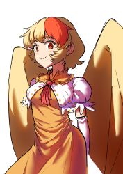  1girl absurdres ascot bird_wings blonde_hair bright_pupils closed_mouth commentary cowboy_shot dress elbow_gloves english_commentary frilled_shirt_collar frills gloves highres light_blush looking_at_viewer multicolored_hair niwatari_kutaka orange_dress puffy_short_sleeves puffy_sleeves red_ascot red_eyes red_hair shirt short_hair short_sleeves sidelocks simple_background sketch sleepymoon smile solo standing touhou two-tone_hair white_background white_shirt wings yellow_wings 