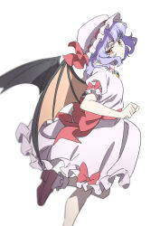  1girl back_bow bat_wings bow brooch closed_mouth gyouza_(mhea5724) hat hat_ribbon highres jewelry leg_up looking_at_viewer mob_cap pink_hat pink_shirt pink_skirt puffy_short_sleeves puffy_sleeves purple_hair red_bow red_eyes red_shoes remilia_scarlet ribbon shirt shoes short_sleeves simple_background skirt skirt_set sleeve_bow socks solo touhou white_background white_socks wings 