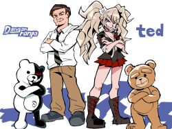  1boy 1girl artist_request black_boots boots crossed_arms enoshima_junko highres john_bennett monokuma non-web_source shadow smile stuffed_animal stuffed_toy ted_(movie) ted_(ted) teddy_bear trait_connection white_background 