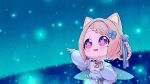  1girl :3 :d a_xuan233 absurdres amai_hiyo animal_ears blonde_hair blush bow braid cat_ears cat_girl cat_tail child commentary eyebrows fangs fireflies flower forehead french_braid glowing grass hair_flower hair_ornament hand_up highres indie_virtual_youtuber long_sleeves looking_up night open_mouth outdoors puffy_long_sleeves puffy_sleeves red_eyes short_hair sidelocks smile solo symbol-shaped_pupils tail upper_body virtual_youtuber wings 