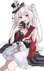  1girl 961_kuru :d absurdres black_hat clothing_cutout commentary_request diamond_(shape) diamond_facial_mark facial_mark hat hat_ornament heart heart_facial_mark highres holding holding_phone honkai:_star_rail honkai_(series) long_hair looking_at_viewer mini_hat mini_top_hat open_mouth phone rabbit_hat_ornament red_eyes shoulder_cutout simple_background smile solo spade_(shape) sparkle_(honkai:_star_rail) sparxie_(honkai:_star_rail) top_hat twintails white_background 