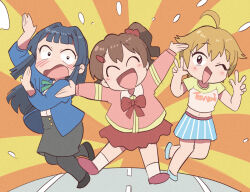  3girls :d ;d ^_^ ahoge black_hair black_pantyhose black_skirt blonde_hair blue_shirt blue_skirt blush bow bowtie brown_hair chibi closed_eyes commentary_request double_w facing_viewer ibuki_tsubasa idolmaster idolmaster_million_live! kasuga_mirai long_hair looking_at_viewer mogami_shizuka multiple_girls one_eye_closed one_side_up open_mouth pantyhose pink_shirt red_bow red_bowtie red_skirt shirt short_hair skirt smile standing tsubobot w 