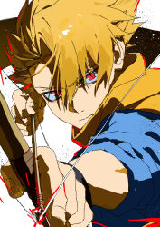  1boy 333takoyaki absurdres arrow_(projectile) blonde_hair bow_(weapon) closed_mouth commentary_request highres holding holding_bow_(weapon) holding_weapon looking_at_viewer male_focus red_eyes short_hair simple_background solo upper_body weapon white_background yomi_no_tsugai yuru_(yomi_no_tsugai) 