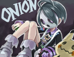  1boy absurdres ahoge allister_(pokemon) black_hair black_shirt black_shorts bright_pupils character_name collared_shirt commentary dusk_ball grey_shoes grey_socks highres holding holding_poke_ball holster knees male_focus mask mimikyu outline poke_ball poke_ball_(basic) pokemon pokemon_(creature) pokemon_sword_and_shield print_shirt sharumon shirt shoes short_hair shorts side_slit side_slit_shorts socks suspenders violet_eyes white_pupils 