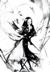  1girl abstract absurdres black_dress black_veil commentary dress elden_ring elden_ring_nightreign highres holding holding_weapon long_dress lue_(llue_l) nun red_eyes solo standing undertaker_(elden_ring) veil weapon white_background 