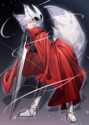  1girl animal_ears black_bodysuit bodysuit bug_mask cape commentary cosplay fox_ears fox_girl fox_tail hair_ornament hairpin highres holding holding_needle hollow_knight hornet_(hollow_knight) hornet_(hollow_knight)_(cosplay) looking_at_viewer needle needle_(hollow_knight) phase_connect red_cape solo tail tenma_maemi umiya_(umiya_illuillu) untranslatable_commentary violet_eyes virtual_youtuber white_hair 