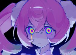  1girl @_@ aqua_hair aquila_(honkai:_star_rail) black_background blood blood_from_eyes closed_mouth commentary drill_hair gradient_background hair_between_eyes hair_intakes highres honkai:_star_rail honkai_(series) hyacine_(honkai:_star_rail) li1lluu long_hair looking_at_viewer multicolored_eyes multicolored_hair pink_hair solo twin_drills two-tone_hair yellow_blood 