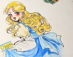  1girl blonde_hair blue_dress blue_eyes blush commentary_request dress erina_pendleton highres holding_own_dress jojo_no_kimyou_na_bouken long_hair long_sleeves looking_at_viewer open_mouth phantom_blood purindayo2525 smile waist_ribbon wavy_hair white_background 