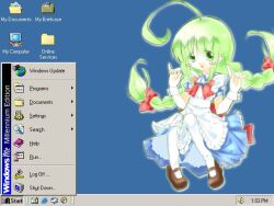  1girl ahoge apron back_bow blue_background blue_dress blush bow braid chest_ribbon desktop_(computing) dress full_body green_eyes green_hair hair_ribbon hands_up invisible_chair long_hair mary_janes me-tan microsoft_windows mugi_(mugi44i) open_mouth os-tan pantyhose ribbon ribbon_braid shoes short_sleeves sidelocks sitting smile solo taskbar twin_braids white_pantyhose windows_classic windows_me wrist_cuffs 