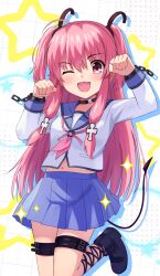  1girl ;d absurdres ahoge angel_beats! black_boots black_choker black_ribbon blue_sailor_collar blue_skirt blush boots brown_ribbon choker commentary cowboy_shot cuffs demon_tail drop_shadow eyes_visible_through_hair fang foot_out_of_frame hair_between_eyes hair_ribbon handcuffs hands_up happy highres leg_ribbon long_hair long_sleeves looking_at_viewer midriff miniskirt mok_kan navel neckerchief one_eye_closed open_mouth paw_pose pink_eyes pink_hair pink_neckerchief pleated_skirt ribbon sailor_collar sailor_shirt shirt simple_background skin_fang skirt smile solo sparkle standing standing_on_one_leg star_(symbol) straight_hair tail tail_raised tareme thigh_strap thighs two_side_up very_long_hair white_background white_shirt yui_(angel_beats!) 