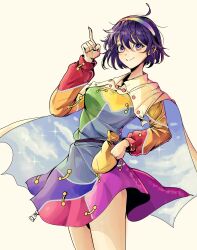  1girl absurdres ahoge arm_up bag belt brown_bag cape closed_mouth cloud_print commentary cowboy_shot dot_nose dress hair_between_eyes hairband hand_on_own_hip highres leaning_back legs_together long_sleeves looking_at_viewer multicolored_dress multicolored_hairband patchwork_clothes pointing pointing_up purple_belt purple_hair rainbow_gradient rainbow_hairband short_dress short_hair simple_background sky_print smile solo standing tenkyuu_chimata touhou two-sided_cape two-sided_fabric user_jnhm8724 violet_eyes white_background white_cape zipper 