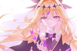  absurdres antenna_hair black_capelet blonde_hair brooch bug butterfly capelet commentary_request cure_arcana_shadow diamond_hairband frilled_capelet frilled_cuffs frills gang_h heart heart_brooch highres jewelry long_hair looking_at_viewer magical_girl meitantei_precure! moria_luluka pink_eyes precure purple_veil smile veil very_long_hair 