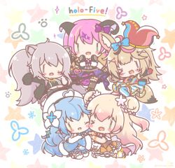  >_o 5girls :d ;d ahoge animal_ear_fluff animal_ears asymmetrical_legwear bare_shoulders black_hair black_jacket black_shirt blonde_hair blue_bow blue_hair blue_jacket blue_skirt boots bow brown_boots brown_eyes brown_hair brown_skirt brown_thighhighs chibi commentary_request demon_horns double_bun fang fox_ears fox_girl fox_tail fur-trimmed_boots fur-trimmed_jacket fur-trimmed_sleeves fur_trim green_eyes grey_eyes grey_hair grey_skirt hair_bun hat headphones headphones_around_neck heart heart_ahoge highres holofive hololive horns jacket jester_cap kneeling layered_skirt lion_ears lion_girl lion_tail long_hair long_sleeves mano_aloe midriff mismatched_legwear mitarashi_neko momosuzu_nene momosuzu_nene_(1st_costume) multicolored_hair multiple_girls navel omaru_polka omaru_polka_(1st_costume) one_eye_closed open_clothes open_jacket pink_hair pleated_skirt purple_skirt purple_thighhighs shirt shishiro_botan shishiro_botan_(1st_costume) skirt sleeveless sleeveless_shirt smile star_(symbol) streaked_hair striped_clothes striped_skirt striped_thighhighs tail thigh-highs thighhighs_under_boots tilted_headwear two_side_up vertical-striped_clothes vertical-striped_skirt vertical-striped_thighhighs very_long_hair violet_eyes virtual_youtuber white_background white_shirt white_thighhighs wide_sleeves yukihana_lamy yukihana_lamy_(1st_costume) |_| 