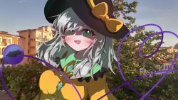  1girl 2025 :d black_hat blush bow breasts bright_pupils building bush buttons commentary dated day diamond_button dot_nose eyeball frilled_shirt_collar frills green_eyes grey_hair hat hat_bow hat_ribbon heart heart_of_string highres komeiji_koishi long_sleeves looking_at_viewer medium_breasts medium_hair open_mouth outdoors photo_background ribbon shi_ren_ne shirt smile solo third_eye touhou upper_body yellow_bow yellow_ribbon yellow_shirt 