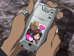  1boy 1girl :d ^_^ ace_attorney amikoiiko apollo_justice:_ace_attorney black_shirt blank_eyes blonde_hair brown_hair camera_phone cellphone cellphone_photo chain chain_necklace closed_eyes closed_mouth collared_shirt commentary_request completely_unamused dark-skinned_male dark_skin derivative_work drill_hair ema_skye eyewear_on_head fingernails flip_phone green_vest half_updo highres holding holding_phone index_ring initial jacket jewelry klavier_gavin lab_coat lapels long_hair long_sleeves looking_at_viewer mismatched_eyebrows multiple_rings neckerchief necklace notched_lapels open_collar ouran_high_school_host_club parody phone pink-tinted_eyewear pink_shirt popped_collar pov pov_hands purple_jacket red_neckerchief ring screenshot_redraw shadow shirt side_drill smile style_parody suit_jacket sunglasses takahashi_kumiko_(style) thumb_ring tile_floor tiles tinted_eyewear unamused upper_body vest viewer_holding_phone waistcoat white-framed_eyewear white_background 