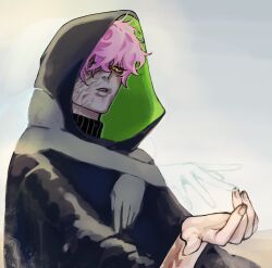  2girls alien_stage black_cloak burn_scar cloak commentary_request ghost highres hood hood_up hooded_cloak hug mizi_(alien_stage) multiple_girls naru_00m open_hand parted_lips scar scar_on_face short_hair sua_(alien_stage) very_short_hair yellow_eyes 