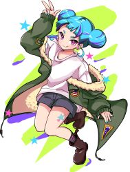  1girl akane_(akane112234) arm_up black_shorts black_socks blush boots brown_boots closed_mouth commentary dot_nose double_horizontal_stripe full_body green_jacket highres jacket long_sleeves looking_at_viewer off_shoulder open_clothes open_jacket original shirt short_shorts shorts sleeves_past_wrists smile socks solo star_(symbol) striped_clothes striped_socks untranslatable_commentary w white_shirt 