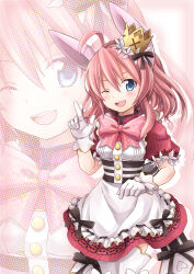  1girl ahoge animal_ears apron black_bow black_ribbon black_sash blue_eyes bow bowtie commentary_request crown dress emil_chronicle_online frilled_apron frills gloves hair_bow highres minnie_doe_alma one_eye_closed open_mouth pink_bow pink_bowtie pink_hair pointing ponytail rabbit_ears rabbit_girl rabbit_tail red_dress ribbon ribbon-trimmed_apron ribbon_trim sash solo tail thigh-highs two-tone_sash white_apron white_gloves white_sash white_thighhighs yukimise_(hamuhamu) zoom_layer 