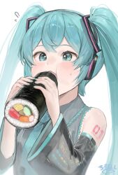  1girl ao_hoshi aqua_eyes aqua_hair aqua_nails aqua_necktie aqua_trim artist_logo artist_name bare_shoulders black_sleeves collared_shirt commentary_request cross-eyed crossed_bangs detached_sleeves eating flying_sweatdrops food food_focus grey_shirt hands_up hatsune_miku headphones highres holding holding_food light_blush logo long_hair long_sleeves looking_down makizushi nail_polish necktie number_tattoo open_mouth puffy_cheeks shirt simple_background sleeveless sleeveless_shirt small_sweatdrop solo sushi tattoo twintails upper_body vocaloid white_background wide_sleeves 
