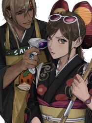  1boy 1girl ace_attorney alternate_hairstyle amikoiiko apollo_justice:_ace_attorney apron bandana barcode_scanner black_kimono blonde_hair blush broom brown_hair commentary cosplay crest dark-skinned_male dark_skin drill_hair ema_skye english_text eyewear_on_head family_crest fingernails floral_print flower fox_print green_eyes heart highres holding holding_barcode_scanner holding_broom initial japanese_clothes kimono klavier_gavin leaf leaf_on_head leaf_print long_hair long_sleeves looking_at_another looking_at_viewer middle_ring mismatched_eyebrows obi obiage obijime pink-tinted_eyewear pink_lips pink_wrist_cuffs plum_blossom_print plum_kitaki plum_kitaki_(cosplay) purple_sash red_bandana red_flower ribbon sash side_drill simple_background smile sunglasses sweat tasuki thick_lips tinted_eyewear untranslatable_commentary upper_body watch watch white-framed_eyewear white_background white_ribbon white_string winfred_kitaki winfred_kitaki_(cosplay) wrist_cuffs yellow_apron yellow_sash 