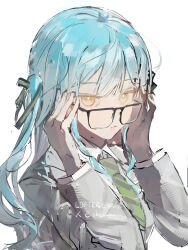  1girl absurdres bang_dream! bang_dream!_it's_mygo!!!!! black_ribbon blue_hair commentary diagonal-striped_clothes diagonal-striped_necktie glasses green_necktie grey_jacket hair_ribbon haneoka_school_uniform highres jacket long_hair long_sleeves necktie ribbon school_uniform shenwanjia simple_background solo striped_clothes togawa_sakiko upper_body white_background yellow_eyes 