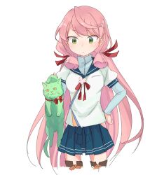  1girl akashi_(azur_lane) akashi_(kancolle) animal azur_lane blue_skirt cat closed_mouth clothing_cutout colored_sclera commentary crossover green_cat green_eyes hair_ribbon hand_on_own_hip hip_vent holding holding_animal holding_cat kantai_collection kyuuri_(miyako) long_hair long_sleeves name_connection pink_hair pleated_skirt red_ribbon ribbon sailor_collar simple_background skirt tress_ribbon very_long_hair white_background yellow_sclera 