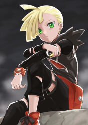  1boy absurdres bag black_pants black_shirt blonde_hair closed_mouth commentary ear_piercing fanny_pack from_below gladion_(pokemon) green_eyes highres holding holding_poke_ball hood hood_down hooded_vest hoodie male_focus pants piercing poke_ball pokemon pokemon_sun_and_moon red_bag red_shoes sharumon shirt shoes short_hair sitting solo torn_clothes torn_pants ultra_ball vest z-ring 