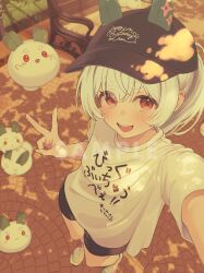 1girl absurdres animal_ear_headwear bench black_shorts blue_hat blush commentary_request dappled_sunlight from_above grey_hair hanazawa_ma hat highres indie_virtual_youtuber looking_at_viewer official_art open_mouth outdoors pink_eyes ponytail selfie shirt shoes short_sleeves shorts solo standing sunlight thick_eyebrows v virtual_youtuber white_shirt white_t-shirt yukito_chau