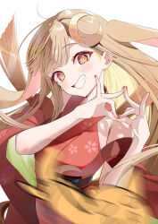  1girl ahoge animal_ears bare_shoulders blonde_hair blush cherry_blossom_print cho_kaguya-hime! colored_eyelashes commentary_request crescent crescent_hair_ornament double_fox_shadow_puppet fingernails floral_print fox_shadow_puppet fox_shadow_puppet_kiss green_pupils grin hair_ornament highres japanese_clothes kaguya_(cho_kaguya-hime!) kimono long_hair nail_polish necktie obi open_mouth pink_eyes piyopoyo rabbit_ears red_kimono red_necktie red_sleeves sash smile solo straight_hair teeth white_background wide_sleeves 